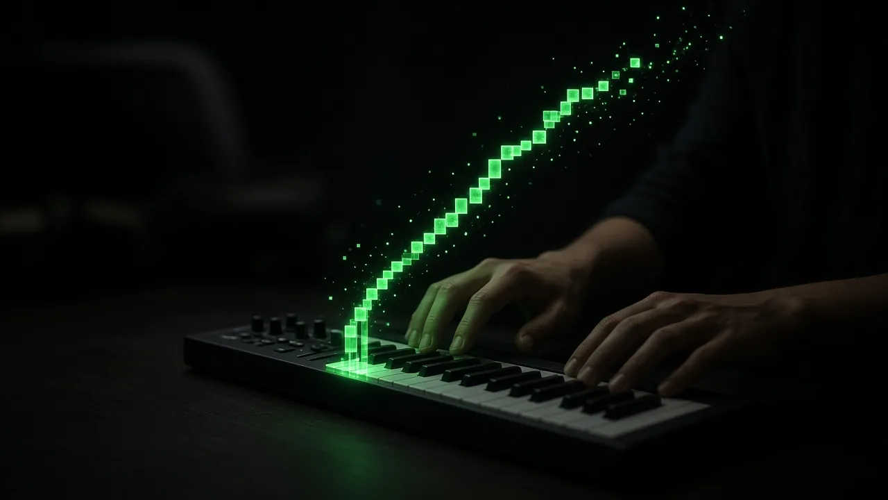 Hands on a small keyboard in a dark room with a glowing green line of note blocks rising from the keys